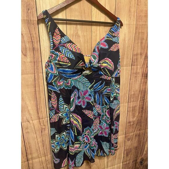 Cacique 42DD blue Swim dress lightly lined plunge Floral Tropical Boho Vacation - Picture 4 of 12